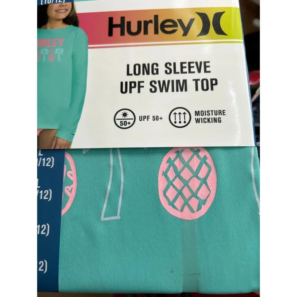 #2 New Girls Hurley Tropic Print Swim Top L Sleeve UPF 50+ Turquoise Large 10-12